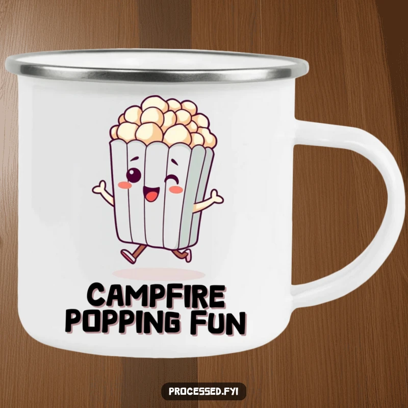 Funny camping mug with a happy anthropomorphic bag of popcorn hopping. Durable and perfect for outdoor enjoyment.