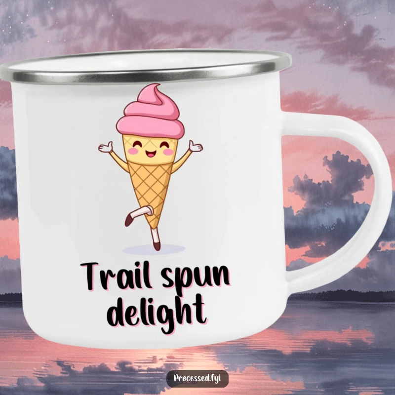 Funny camping mug with a happy anthropomorphic ice cream cone doing a pirouette. Durable and perfect for outdoor enjoyment.