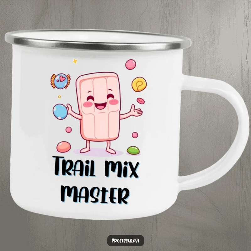 Funny camping mug with a cheerful anthropomorphic candy bar juggling sweets. Durable and perfect for outdoor enjoyment.