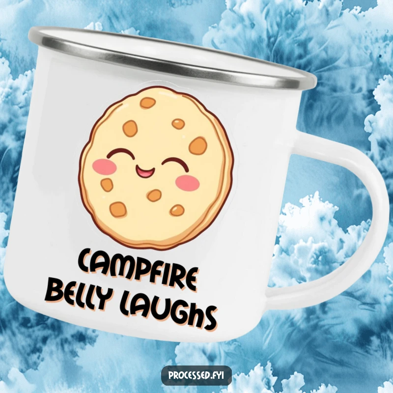 Funny camping mug featuring a laughing anthropomorphic cookie, durable for outdoor use and full of cheer.