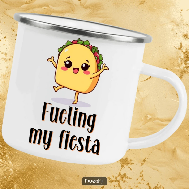 Funny camping mug with a sassy taco with legs salsa dancing, designed for outdoor fiestas and fun.