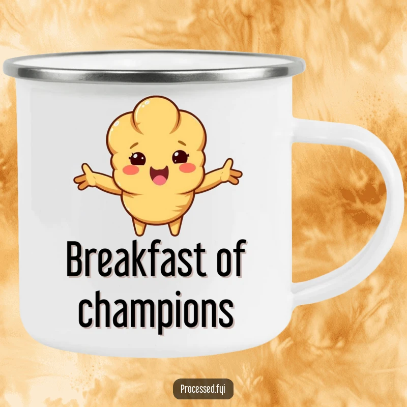 Funny croissant camping mug featuring a beaming, anthropomorphic croissant with arms open, ready to share a warm sip on any adventure.