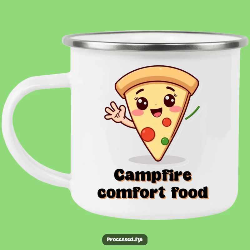 Funny Pizza Camping Mug: Happy Slice with Waving Pepperoni Hand - Outdoor Fun Gift