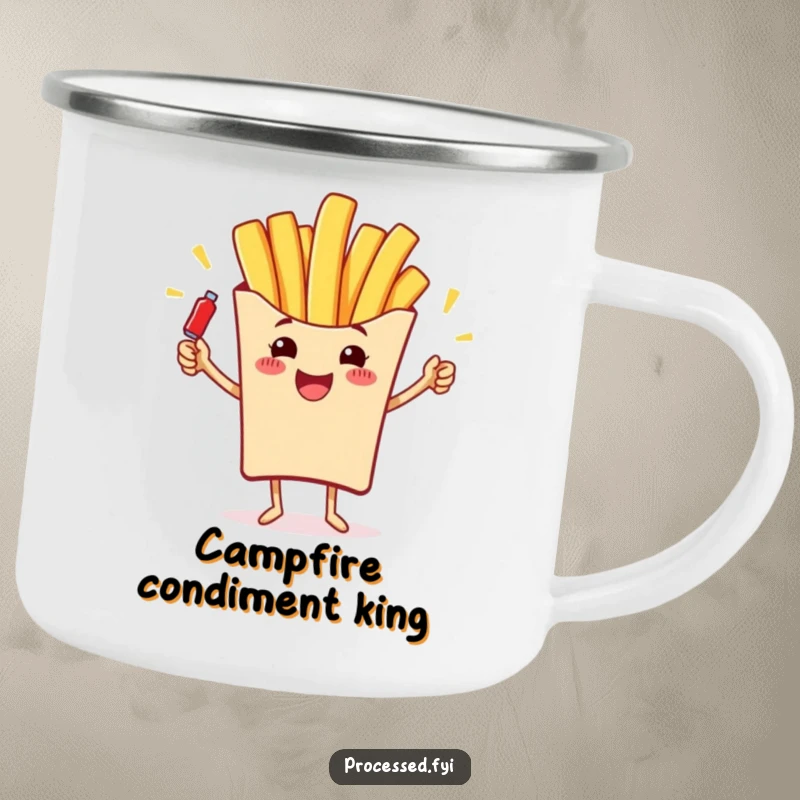 Funny camping mug with a cheerful french fry juggling ketchup bottles, perfect for enjoying beverages outdoors with humor.