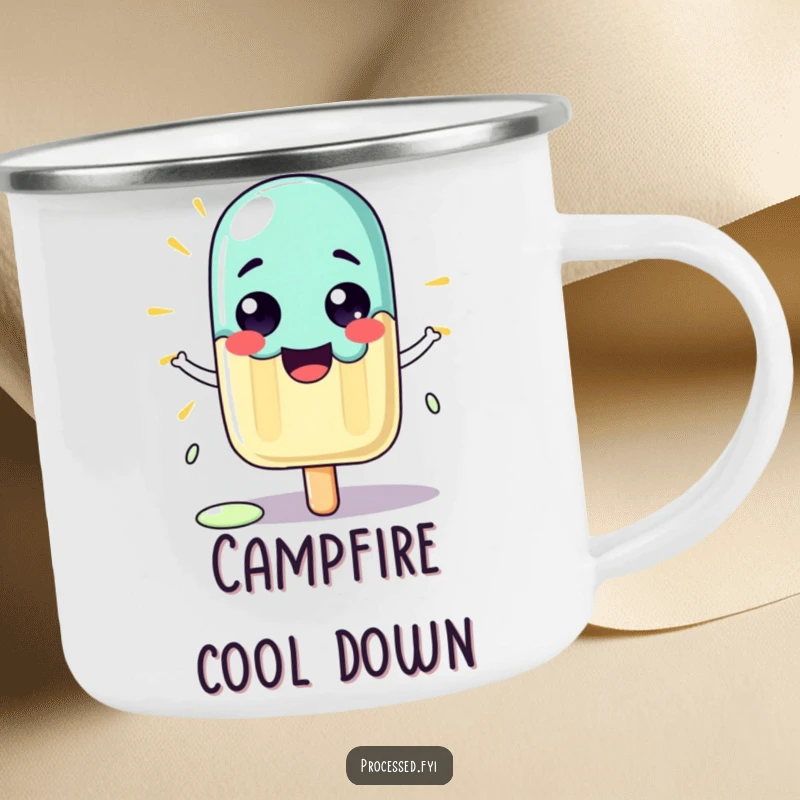 Funny camping mug with a proud cartoon popsicle character melting slightly in the sun, for outdoor fun.