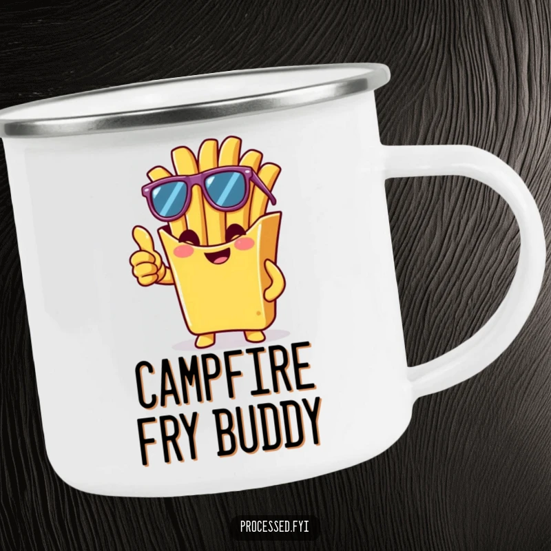 Funny camping mug with a cheeky french fry wearing sunglasses and giving a thumbs-up, perfect for enjoying drinks outdoors.