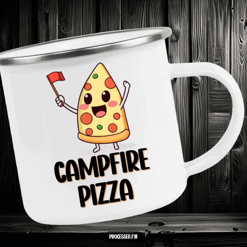 Funny camping mug showing a delighted anthropomorphic pizza slice joyfully waving a tiny flag, ready for outdoor fun and cheesy sips.