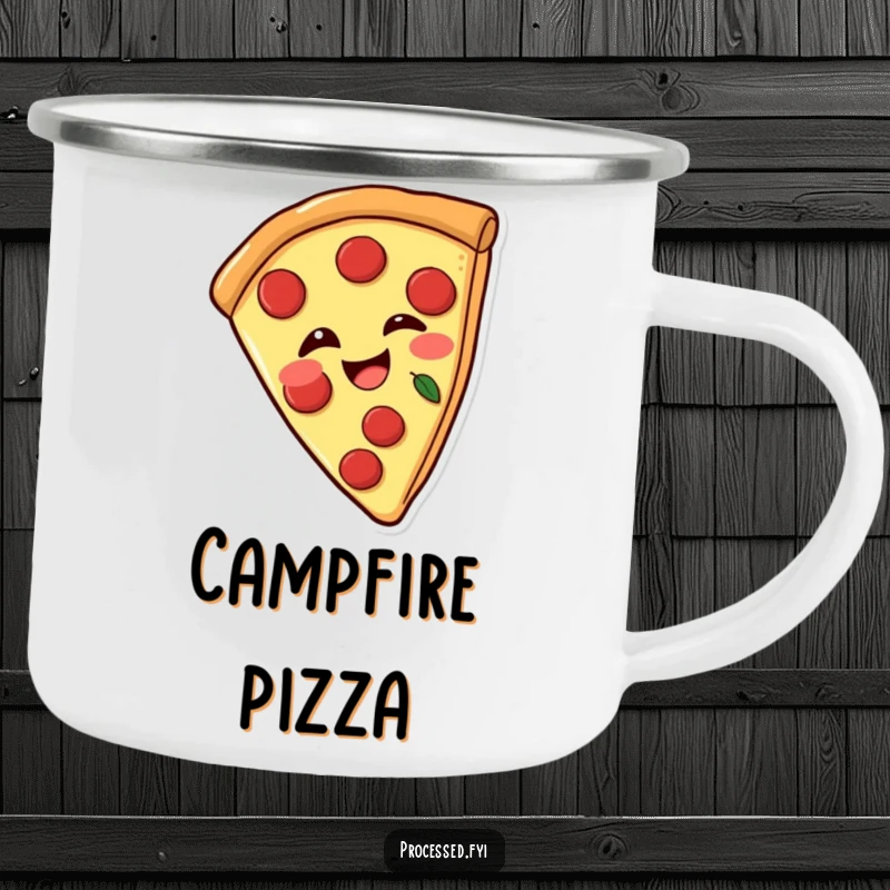 Funny camping mug with a joyful pizza slice with pepperoni, winking playfully, durable for outdoor use