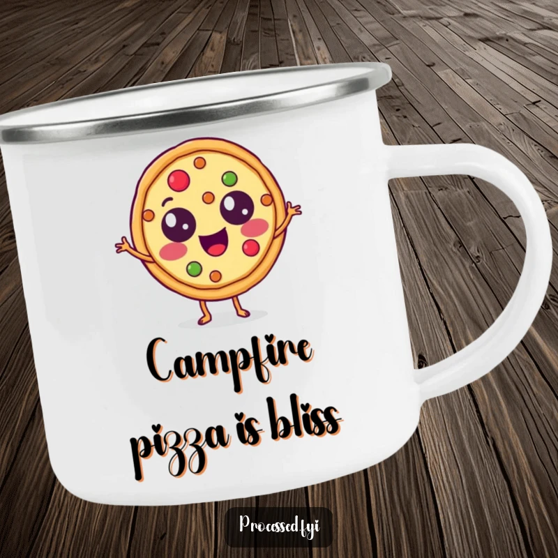 Funny Camping Mug displaying a jubilant pizza slice with topping eyes doing a jig, ready for outdoor dining and fun.