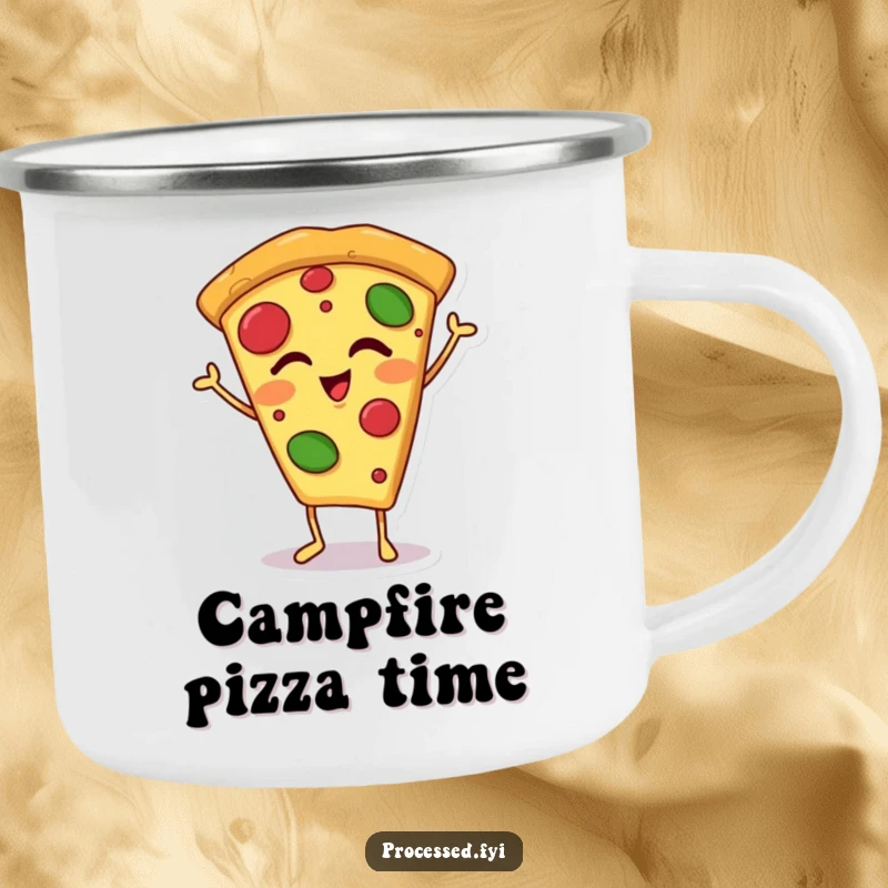 Funny winking pizza slice camping mug featuring a happy, anthropomorphic pizza slice on tiny feet, ready for any outdoor adventure with a cheesy wink.