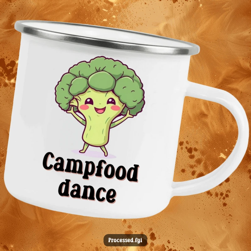 Funny camping mug showing a smiling broccoli character doing a little dance with tiny arms, perfect for enjoying drinks outdoors with healthy fun.