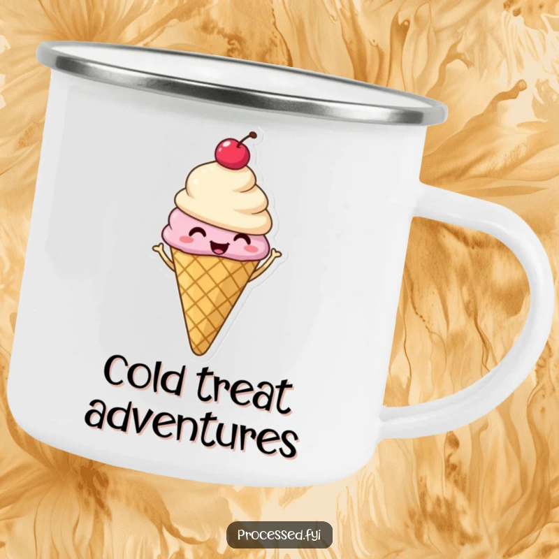 Funny camping mug with a smiling ice cream cone and cherry, captured mid-shimmy with pure, energetic, sweet delight.