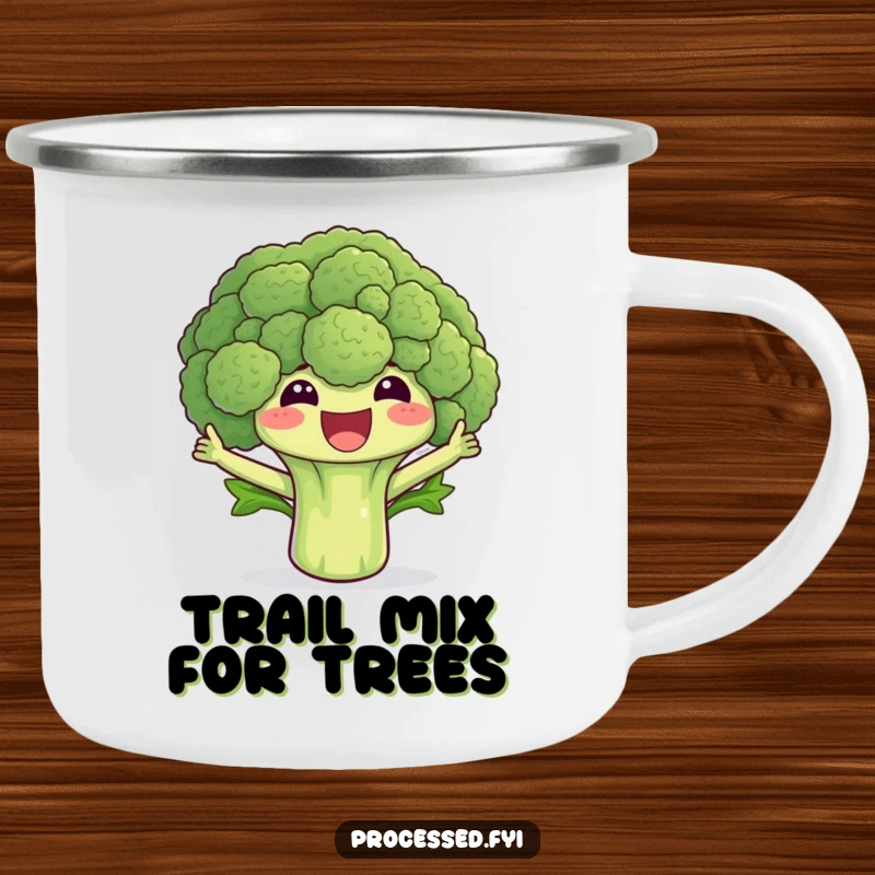 Funny broccoli camping mug with a happy floret waving its leaves, designed for outdoor fun and laughter.