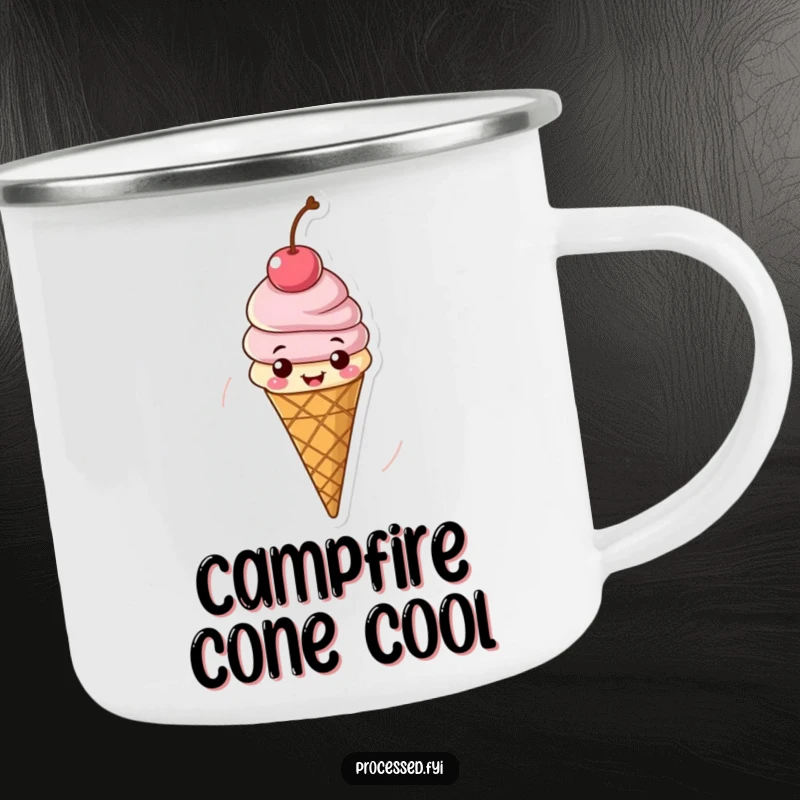 Funny camping mug with a cheerful, spinning ice cream cone, ideal for outdoor treats and spreading summer cheer.