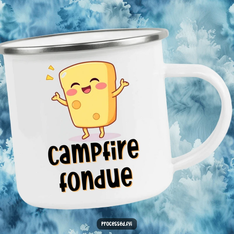Funny camping mug showing a happy anthropomorphic cheese wedge doing a silly dance, ready for outdoor fun and warm beverages.