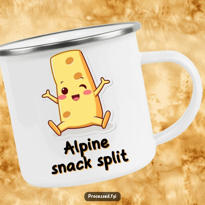 Funny cheese wedge character, doing a split with a surprised grin. A durable mug for outdoor enjoyment and cheesy sips.