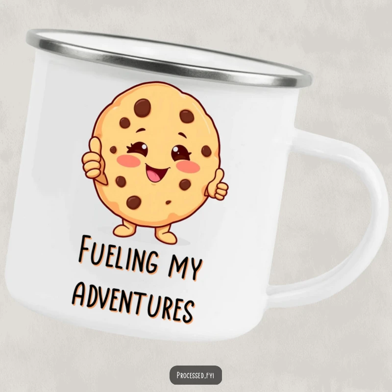 Funny cookie character camping mug with a winking anthropomorphic cookie giving a thumbs-up, perfect for cheerful outdoor sipping and adventures.