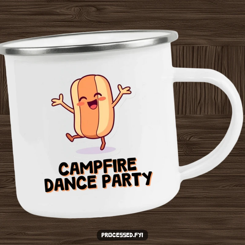 Funny camping mug with a dancing hot dog character wiggling its limbs, perfect for outdoor humor and drinks.