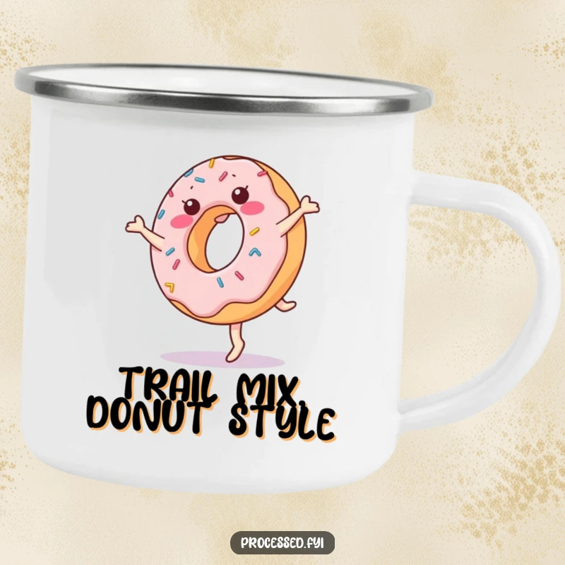 Funny donut camping mug featuring a cheerful, anthropomorphic donut with sprinkles doing a cartwheel, ready for any outdoor fun with a sugary twist.