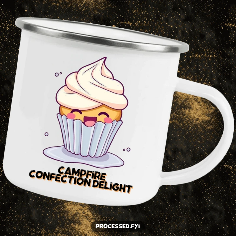 Funny Giggle Cupcake Camping Mug: A happy, giggling cupcake with overflowing frosting, spinning playfully near a campfire.