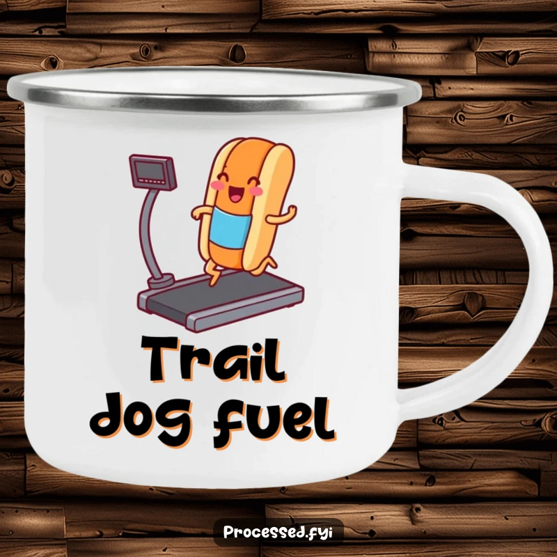 Funny camping mug with a hot dog character jogging on a treadmill, durable and humorous for outdoor use and gifts.