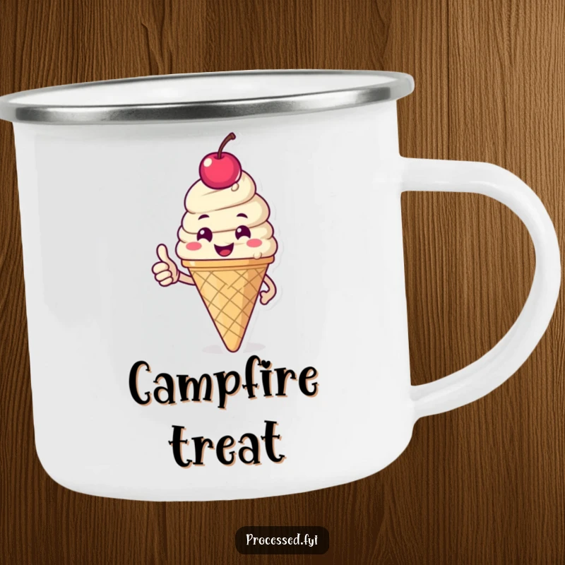 Funny camping mug showing a happy ice cream cone with a cherry, giving a thumbs-up, perfect for enjoying drinks outdoors with sweetness.