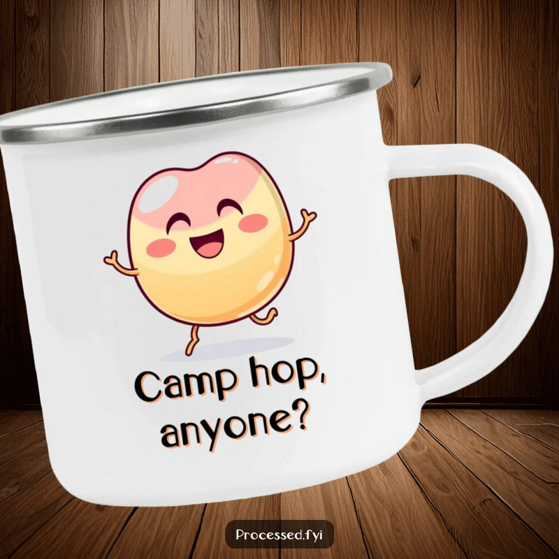 Funny wobbly jelly bean with a wide grin hopping joyfully, a humorous and durable camping mug.
