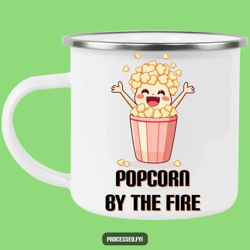 Funny Popcorn Camping Mug: Leaping Snack Character, Durable & Hilarious Outdoor Gift