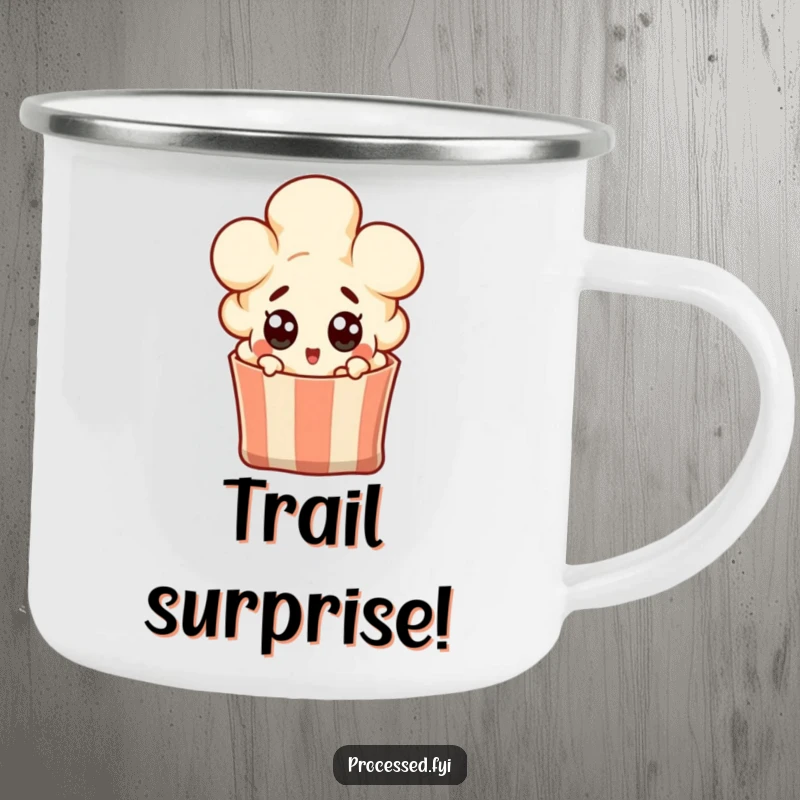 Funny popcorn kernel character popping out of a bag with wide surprised eyes, a durable enamel mug for outdoor laughs.