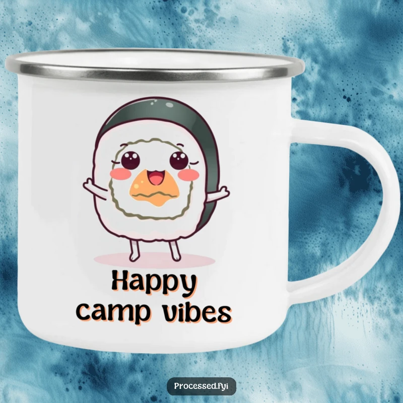 Funny cheerful sushi roll with wide eyes dancing happily, a humorous and durable camping mug.