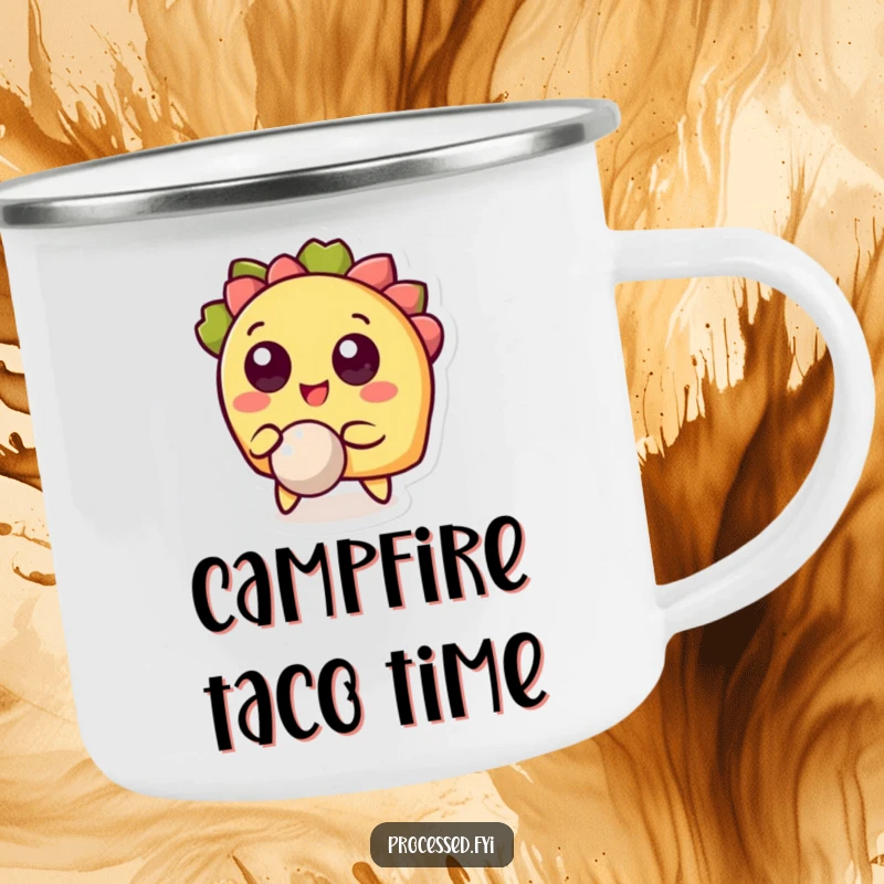 Funny camping mug with a cheerful taco character bouncing a ball, durable and humorous for outdoor activities and gifts.