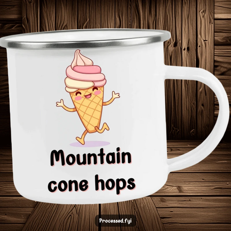 Funny ice cream cone camping mug with a smiling anthropomorphic ice cream cone doing a playful hop, perfect for outdoor enjoyment.