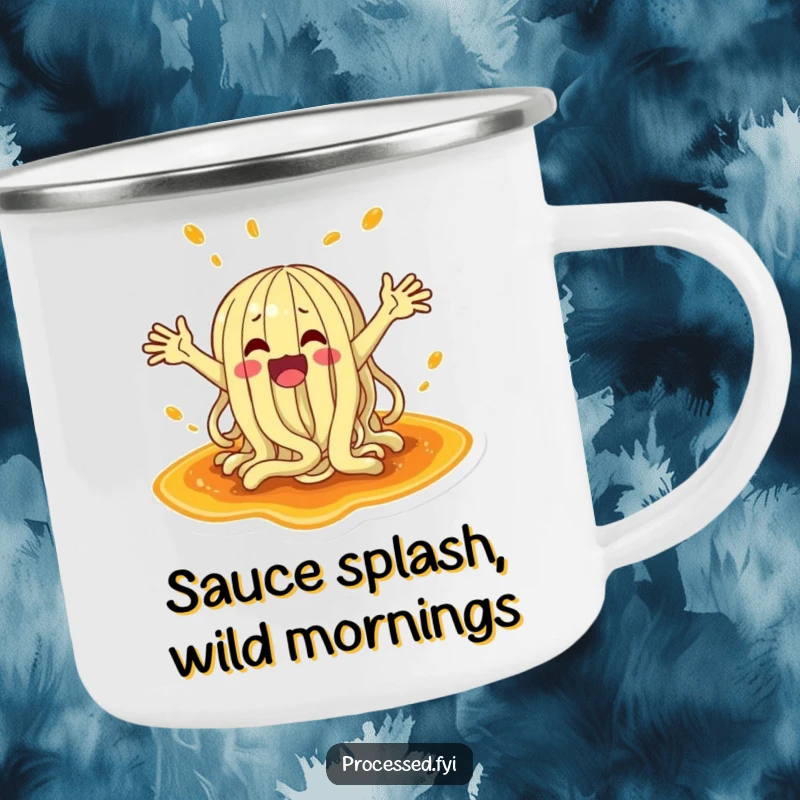 Funny camping mug featuring a wacky noodle character flailing arms and splashing in a sauce puddle, ideal for outdoor fun.