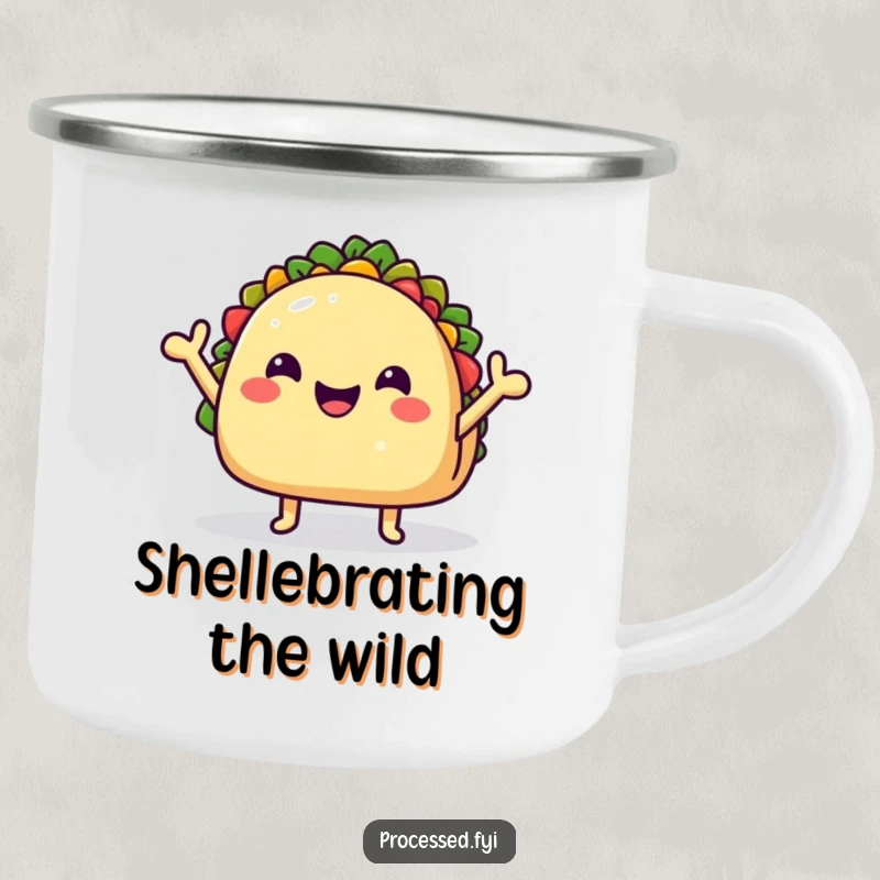 Funny Camping Mug displaying a jubilant taco character with small arms waving, ready for outdoor fun and hot beverages.
