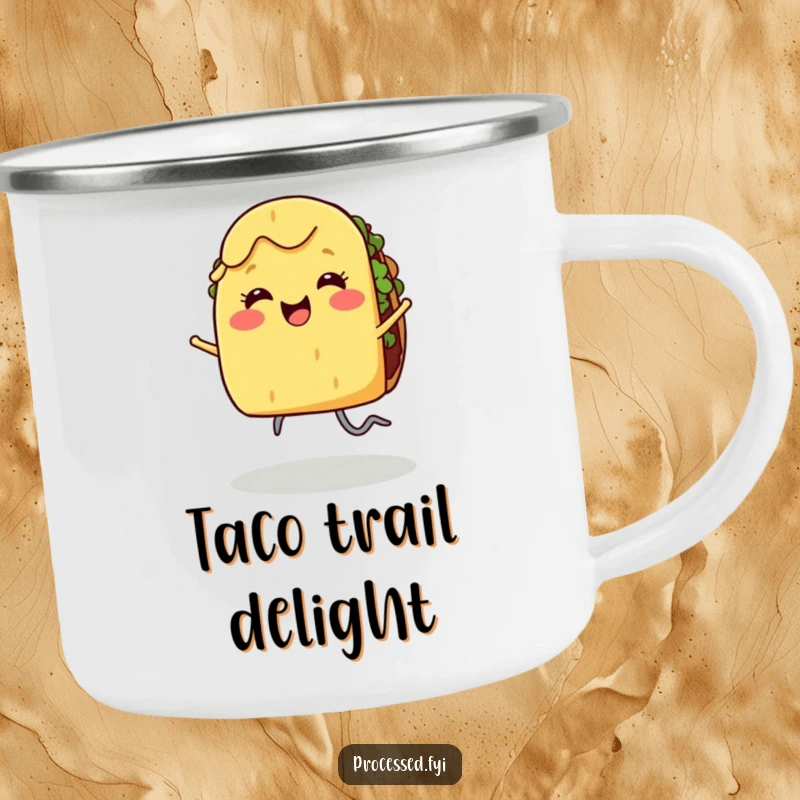Funny camping mug showing a smiling taco with legs dancing joyfully, perfect for outdoor foodie fun.