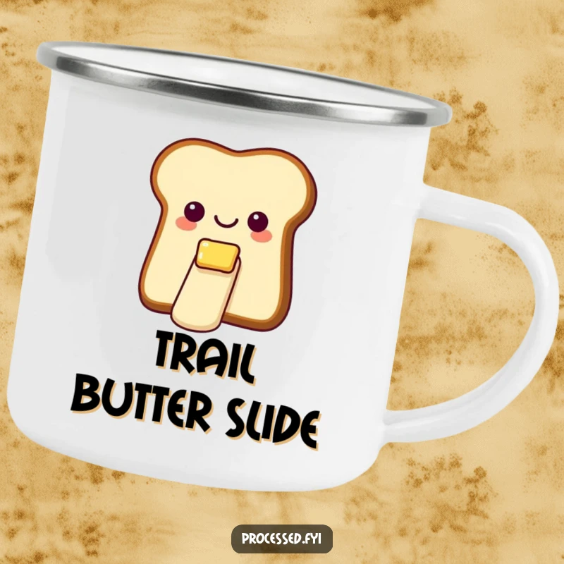 Funny camping mug with a cheerful bread slice and butter, captured mid-slide down a tiny, smooth butter slide.