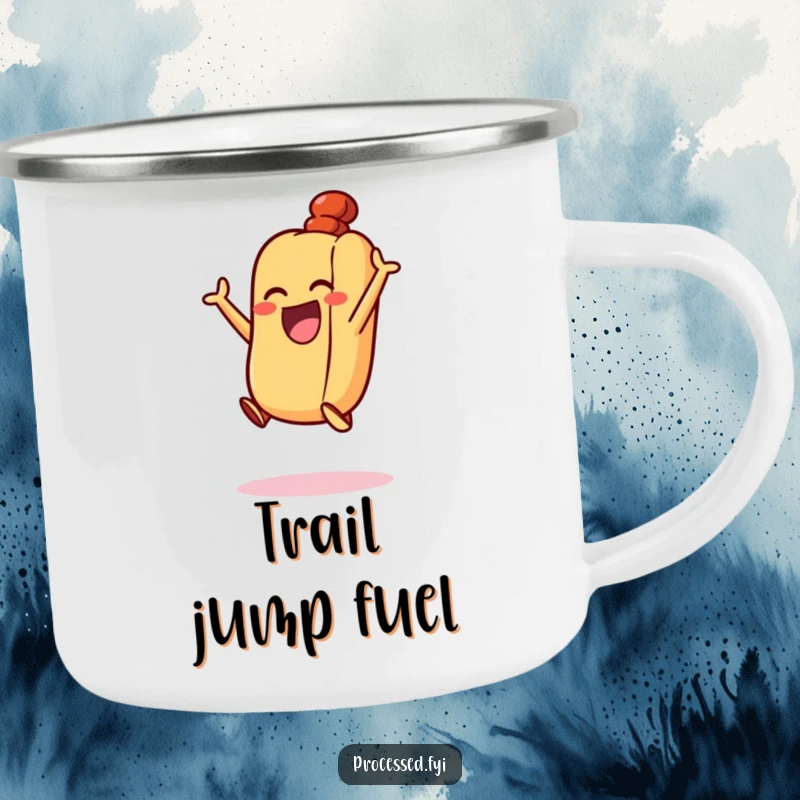 Funny Excited Hot Dog Camping Mug: A happy, energetic hot dog in a bun, joyfully jumping near a campfire.