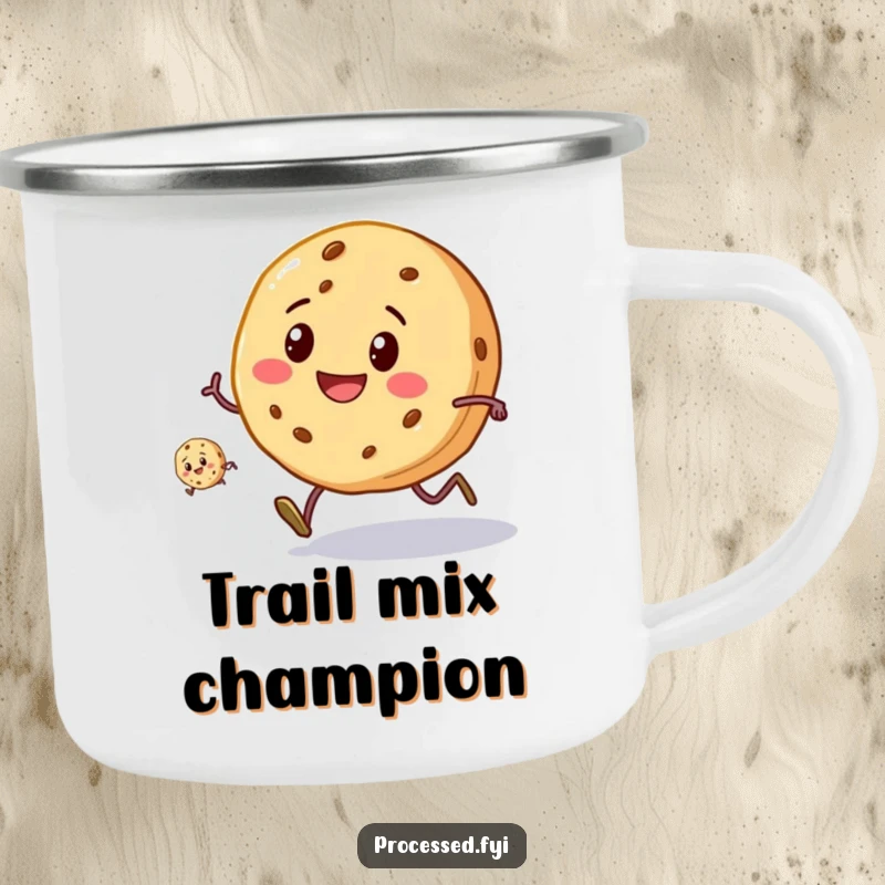 Funny Cookie Race Camping Mug: A smiling cookie with tiny legs running a race, ready for any outdoor challenge.