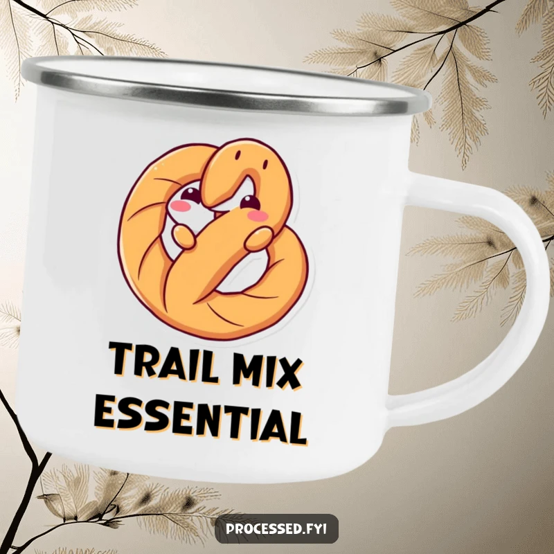 Funny enamel camping mug featuring an anthropomorphic pretzel twisting playfully, perfect for outdoor enthusiasts and snack-themed humor.