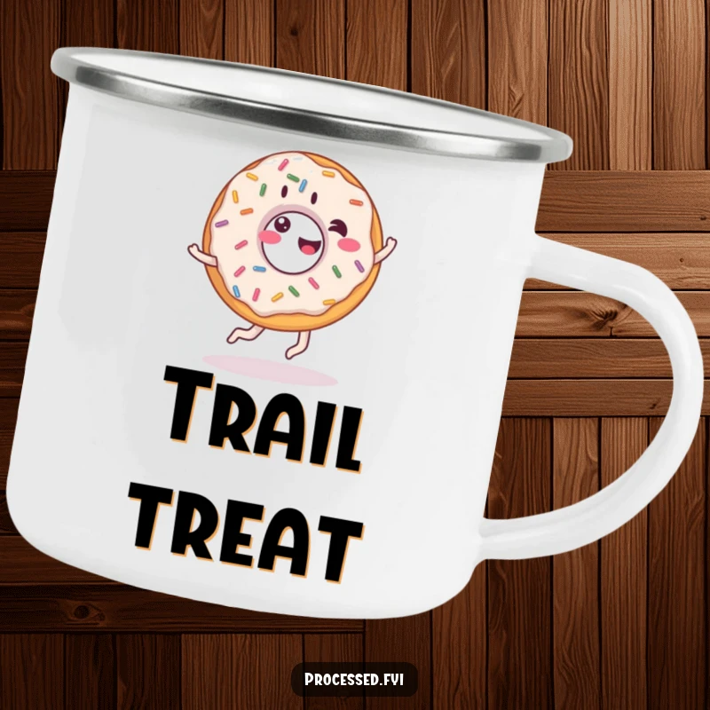 Funny donut camping mug, enamel mug with a giddy donut doing a cartwheel, durable and sweet.