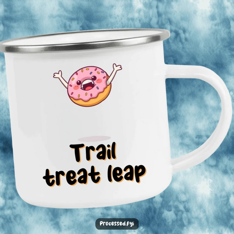 Funny camping mug featuring a jubilant donut with sprinkles leaping high, built for outdoor fun and adding a touch of sweet humor.