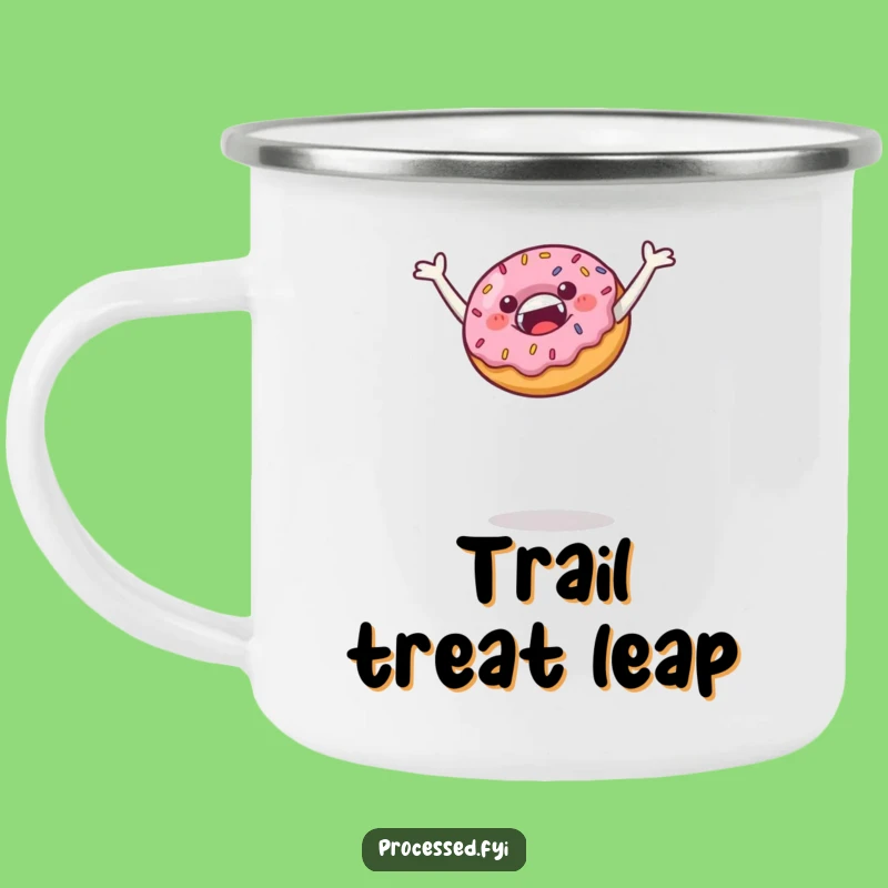 Funny Leaping Donut Camping Mug: Trailside Treats and Sweet Adventures
