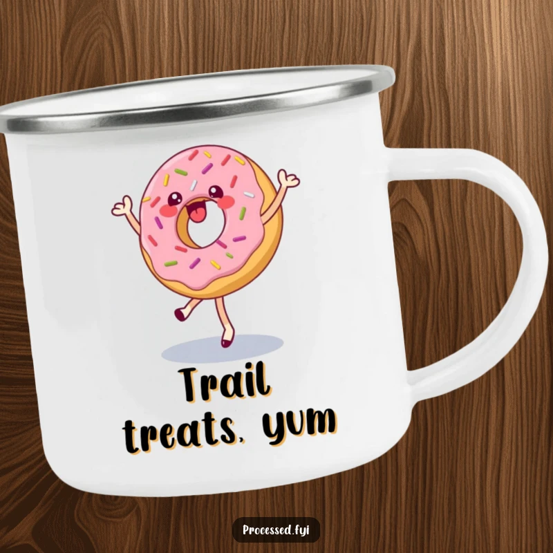 Funny camping mug with a cheerful donut with sprinkles doing a pirouette, durable for outdoor use