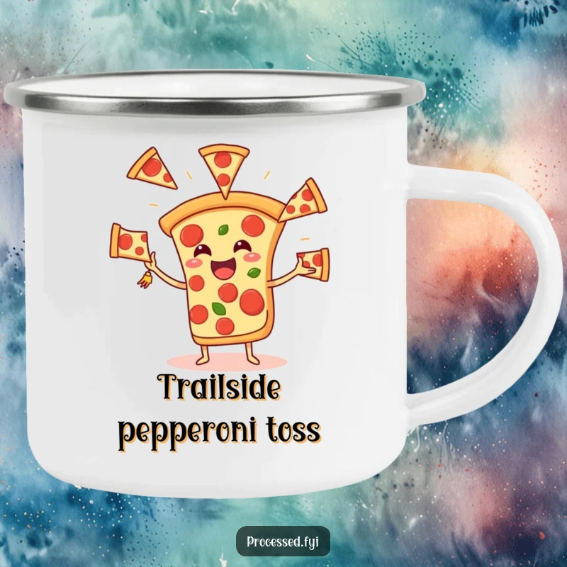 Funny Pizza Juggling Camping Mug, featuring a cheerful slice tossing pepperoni, perfect for outdoor laughs and hot beverages.