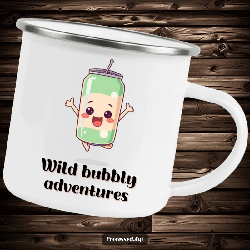 Funny bubbly soda can leaping with excitement on a durable camping mug, ready for outdoor fun.