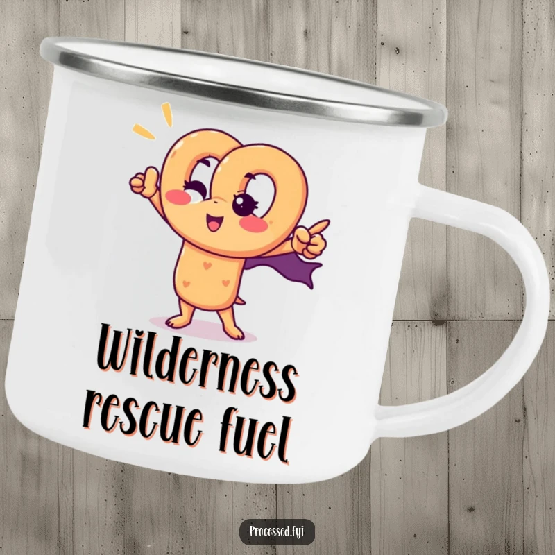 Funny pretzel superhero camping mug featuring a winking pretzel character in a heroic pose, ready for any outdoor mission.