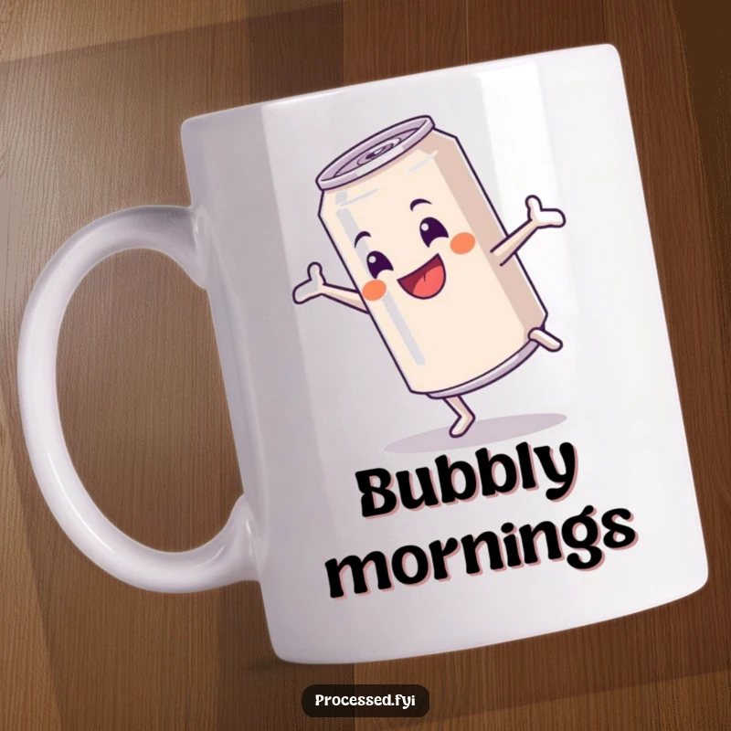 Funny mug featuring a cheerful anthropomorphic soda can performing a cartwheel, full of bubbly energy and fun.