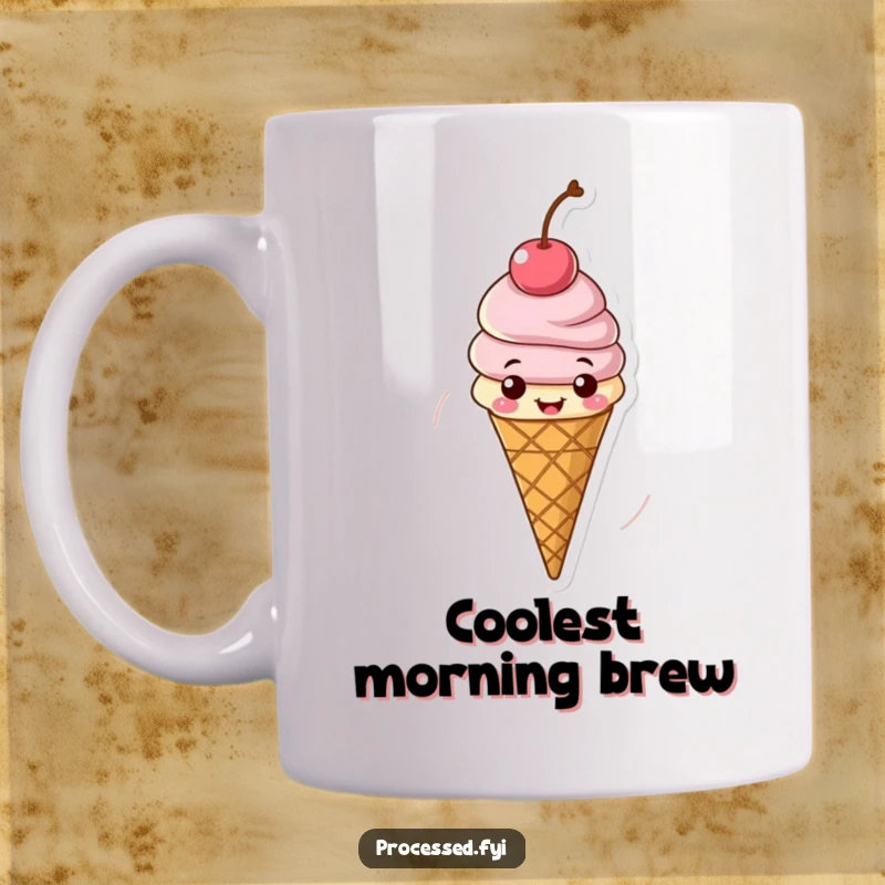 Funny mug showcasing a cheerful ice cream cone with a cherry spinning with pure joy and summery delight.