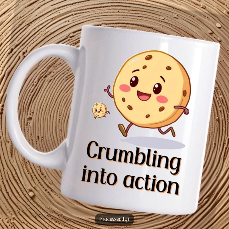 Funny Cookie Race Mug: A smiling cookie with tiny legs sprints ahead, celebrating a humorous sugary competition.