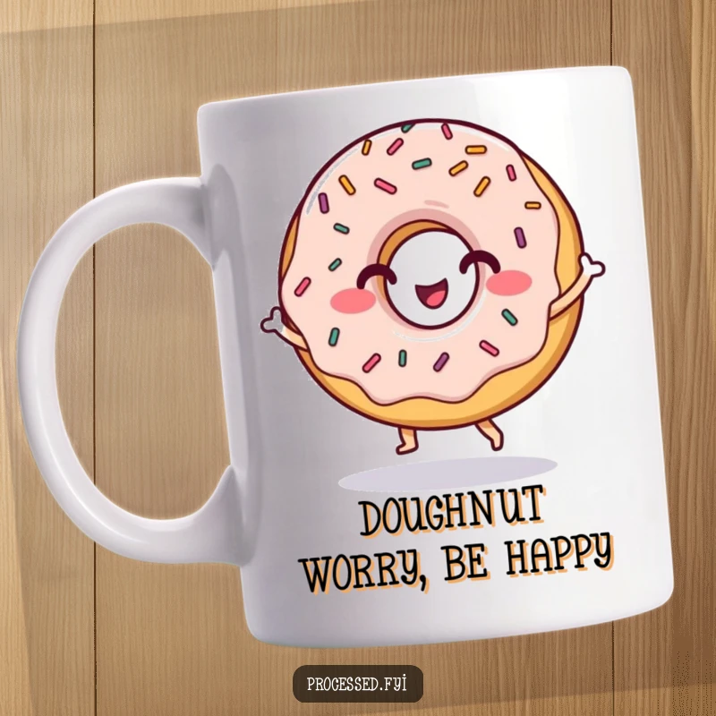Funny mug showing a grinning donut character with colorful sprinkles, joyfully doing a little dance, perfect for sweet moments.